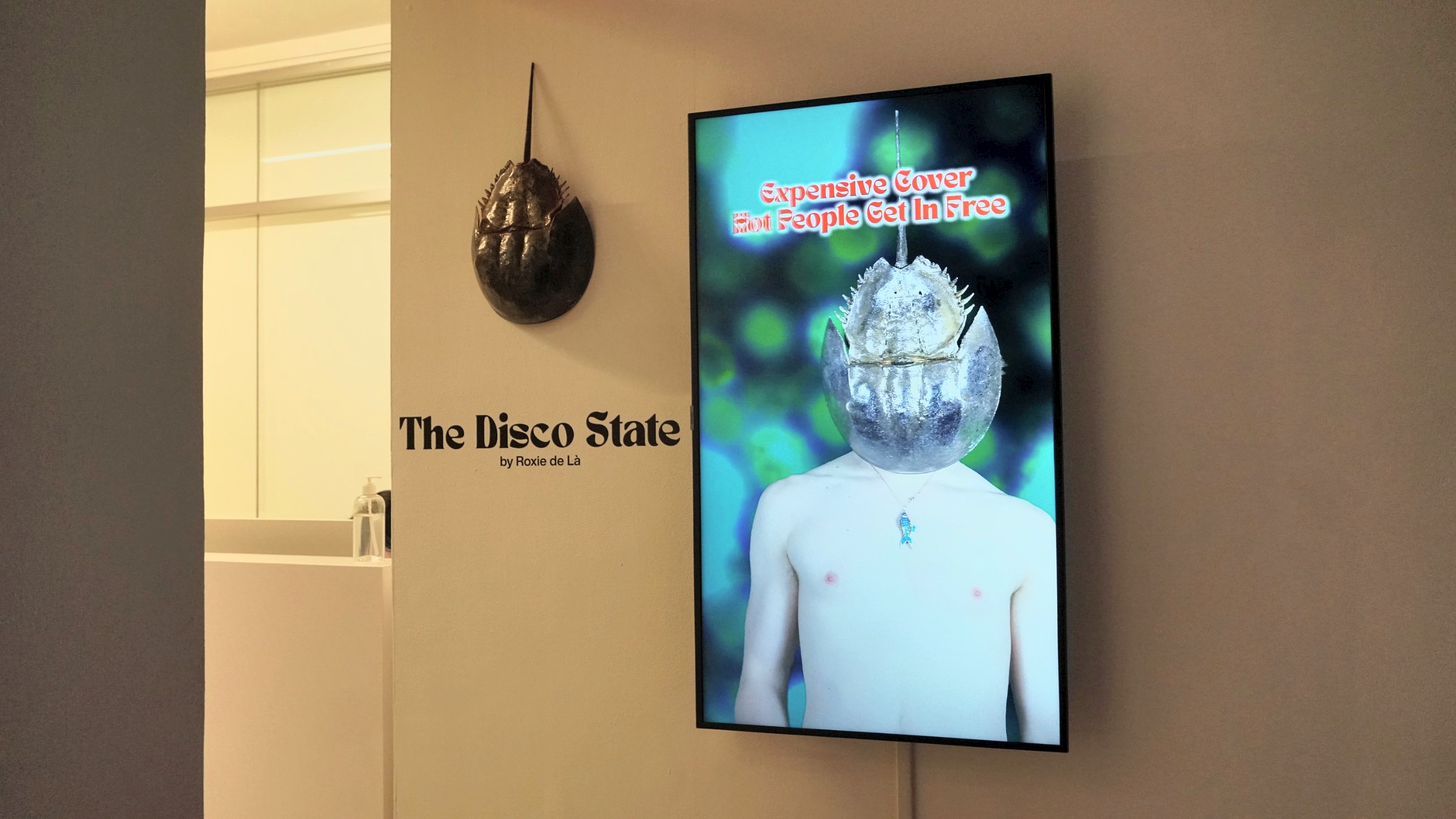 The Bouncer: horseshoe crab on the wall beside a vertical screen, next to The Disco State title
