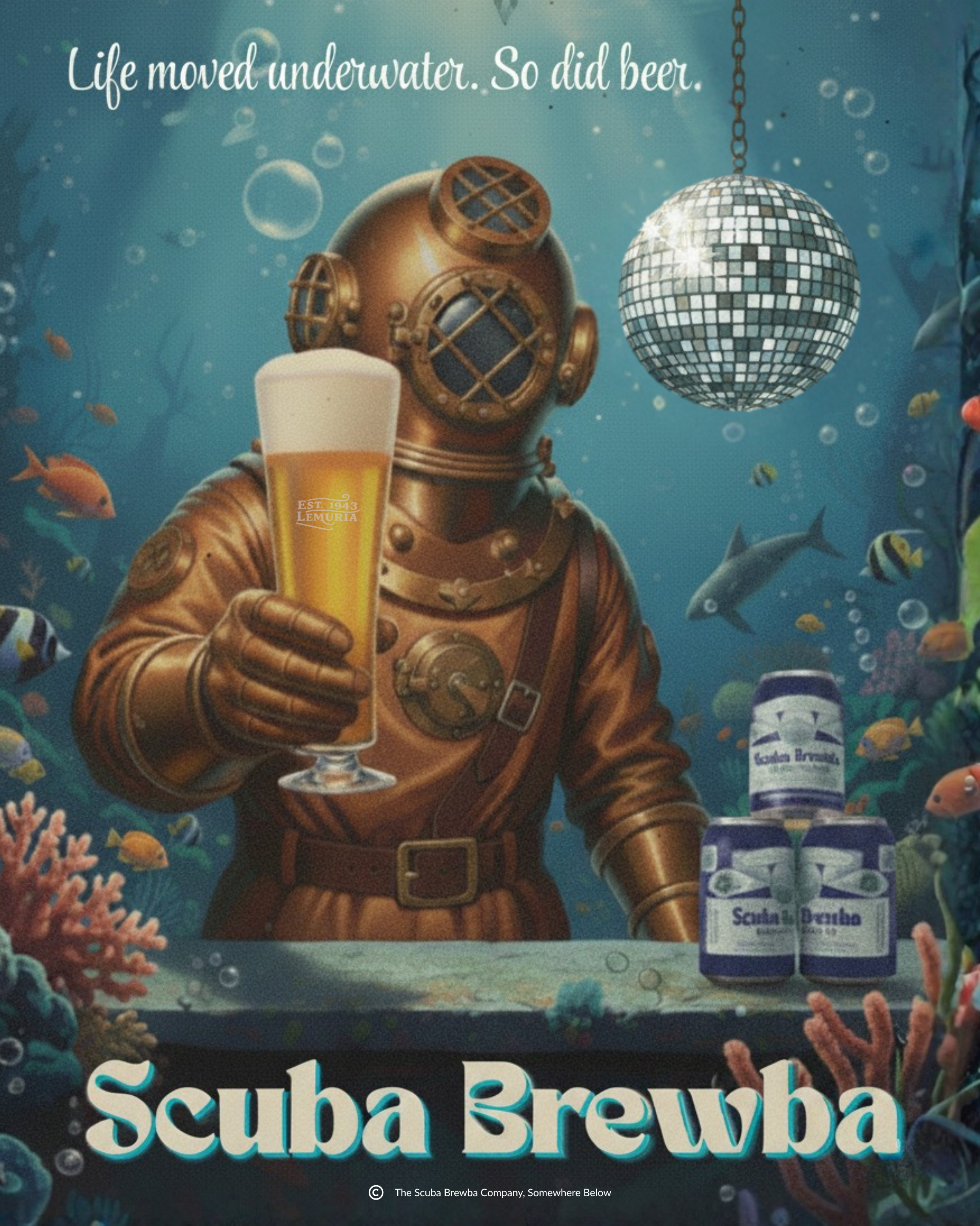 Scuba Brewba poster: Life moved underwater. So did beer.